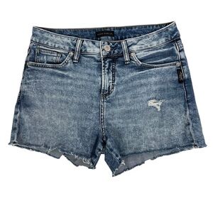 SILVER Avery Women’s Blue Jean Bootie Shorts Sz 28 (5/6) Distressed Ripped Torn